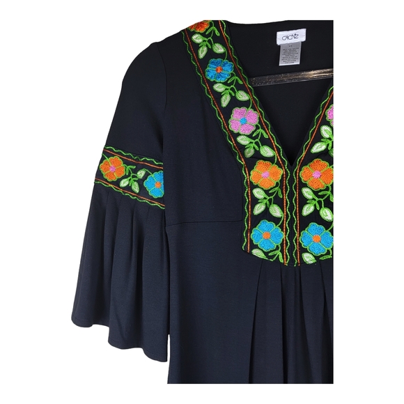 Cache| Embroidered Floral Flutter/ Bell Sleeve Black V-Neck Dress - Picture 3 of 5
